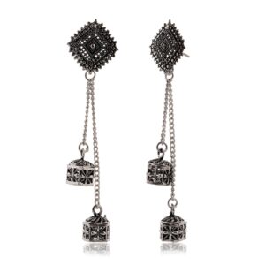 Women's Silver Circle Long Two AZ838-OXidised Unique Western Earrings for Women Party Wear